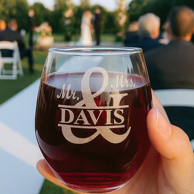 Gifts Inscribed Personalized Mr and Mrs Wine Stemless Glass Set of 2 – Custom Engraved Wedding Stemless Wine Glasses Gift for Couples, Engagement, Birthday, or Anniversary