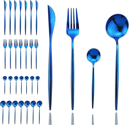 JASHII 32 Pieces Cutlery Flatware Set Stainless Steel Home Kitchen Set, Mirror Polished, Knife/Fork/Spoon, Modern Elegant Tableware Set for Party, Christmas, Dinner (Blue)