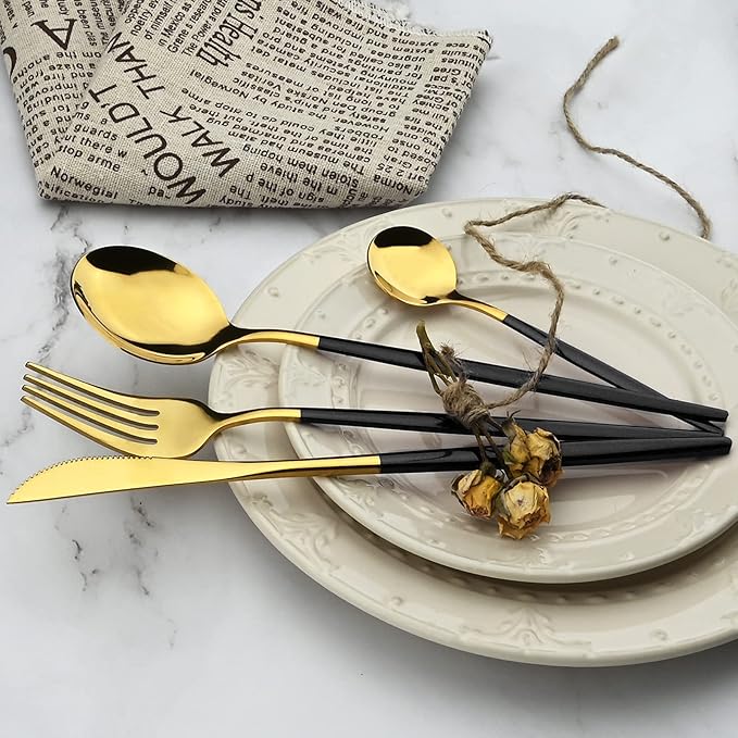 24Pcs Gold Mirror Silverware Flatware With Black Handle, 18/0 Stainless Steel Cutlery Set Utensils Kitchen Dinnerware Include Knife Fork Spoon and Teaspoon, Service for 4