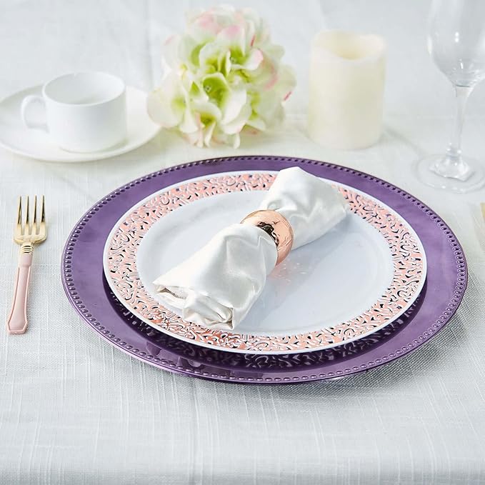13" Charger Plates -Set of 12 - Acrylic Purple Round Beaded Disposable Chargers, Ideal for Dinner Party Wedding Bulk Events Tabletop Decoration