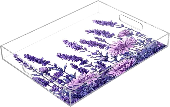 Serving Tray with Handles Clear Acrylic Tray 12x16 Inch Decorative Rectangular Tray Organizer for Ottoman Coffee Table Bathroom Purple Chrysanthemum and Lavender