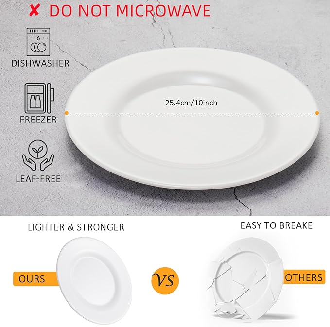 10 Inch White Melamine Plates Wide Side Flat Bottom Deep Round Dinner Plates Salad and Dessert Plates Lightweight Durable and Easy to Clean,Non Ceramic Disc Pad Set of 6,PYW-10-06
