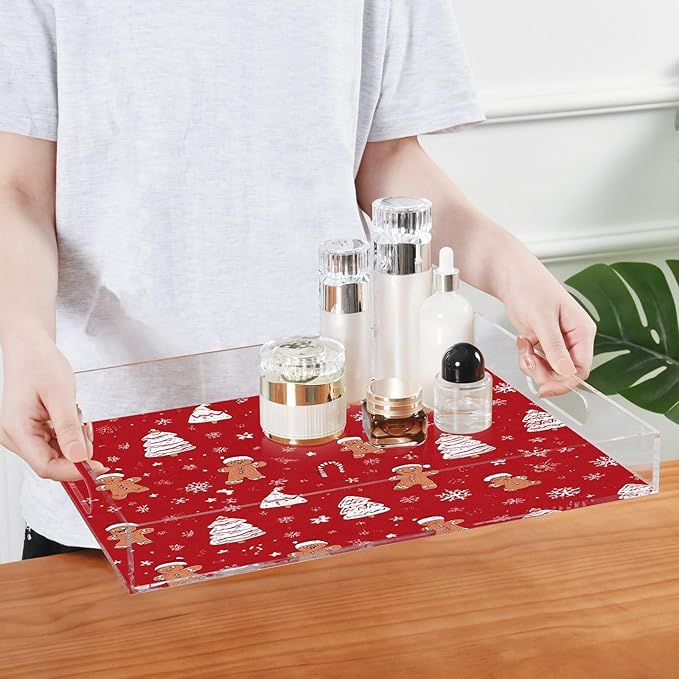 Serving Tray with Handles Clear Acrylic Tray 12x16 Inch Decorative Rectangular Tray Organizer for Ottoman Coffee Table Bathroom Gingerbread Christmas Tree01