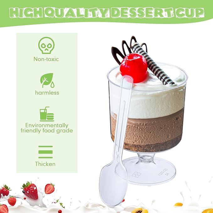Tanlade 250 Pcs Mini Dessert Cups with Spoons Clear Plastic Plates 5 oz and 3 oz Square Parfait Appetizer Cups for Parties Round Shooter Disposable Dessert Containers for Serving Pudding Mousse