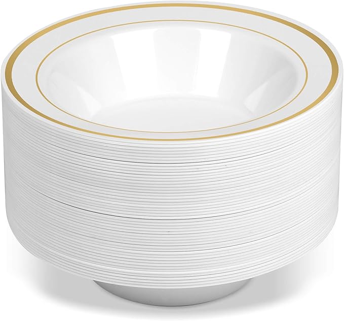 50 Disposable White Gold Trim Plastic Soup Bowls | 14 oz. Premium Heavy Duty Disposable Dinnerware with Real China Design | Safe & Reusable and Great for Parties or Weddings. (50-Pack) Gold