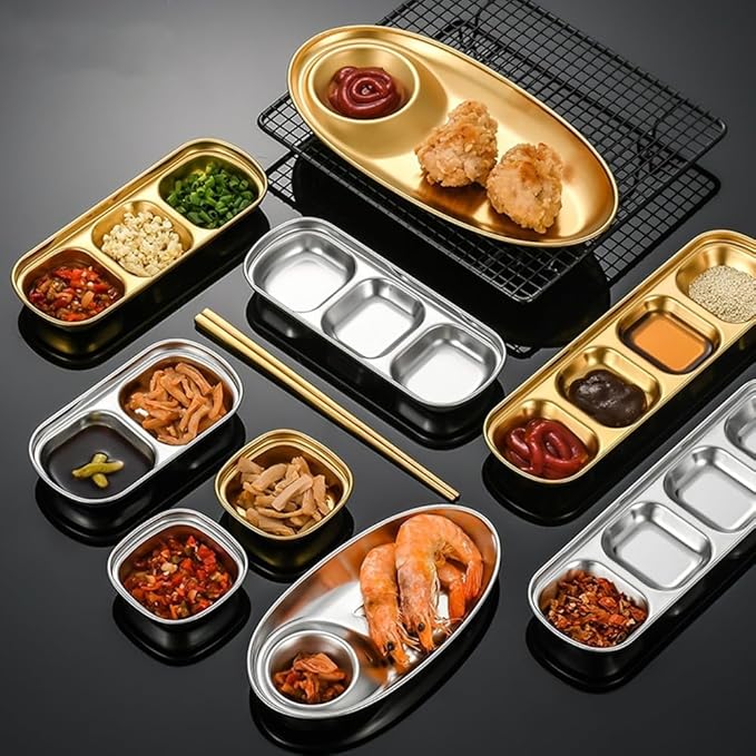 3 Piece Stainless Steel Sauce Tray, Divided Dipping Tray, 3 Compartment Appetizer Serving Tray for Sauce, Ketchup, Dressing, Silver, 8 X 3 Inches (3 Compartments in Gold Color)