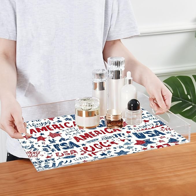 Serving Tray with Handles Clear Acrylic Tray 12x16 Inch Decorative Rectangular Tray Organizer for Ottoman Coffee Table Bathroom Vibrant Patriotic Stars Independence Day
