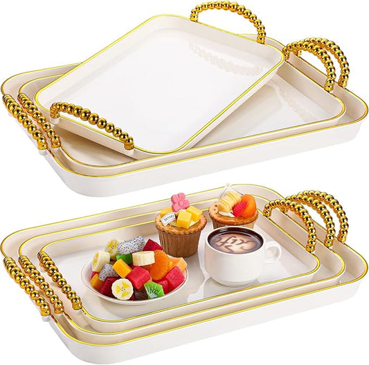 Rtteri Set of 6 Serving Platters with Handles 18.3/16.73/14.8 Inch Large Rectangular Serving Tray Reusable for Entertaining Dinner Party Wedding Decoration(Round Beads Handles,White)