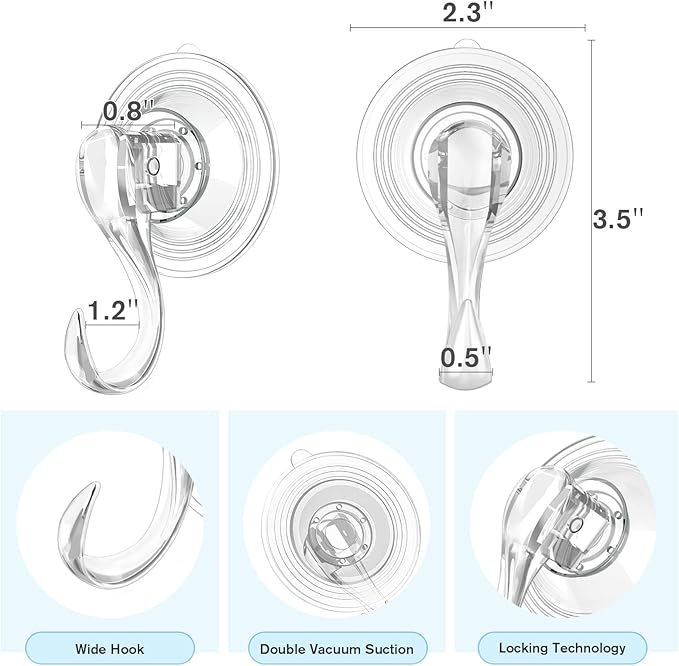 VIS'V Suction Cup Hooks, Small Shower Suction Hooks with Wipes, Heavy Duty, Removable and Reusable, Clear, 2 Pcs