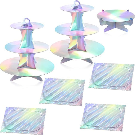 Zopeal 7 Pcs Dessert Table Display Set 3-Tier Cupcake Stand 1-Tier Cup Cake Display Tower Platters and Serving Trays Cardboard Cake Cookie Holders for Wedding Birthday Party Baby Shower(Laser Silver)