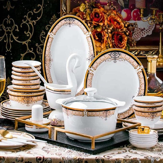 60 Heads Jingdezhen Ceramic Tablewar dish Set Tableware Rice Bowl Dish Salad Noodles Bowl Plate Dinnerware Sets Tableware-WHITE