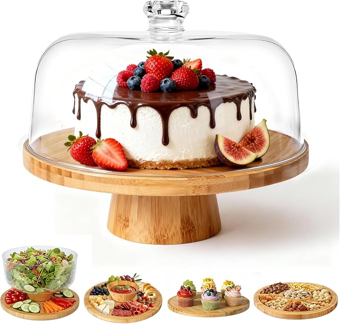 Masthome Bamboo Christmas Cake Stand with Lid, 6 in 1 Cake Holder with Lid,Multi-Functional Serving Platte, Dessert Display Stand and Charcuterie Board for Nutst, Chips & Dips,Fruit Platter