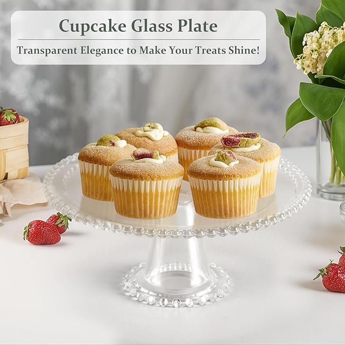 Wenqik 10 Inch Beaded Glass Cake Stand Vintage Clear Cake Stand Cakes Serving Platters Footed Dessert Plate Display Desserts Holder Fruit Serving Tray Display Accessories for Wedding Party Supplies