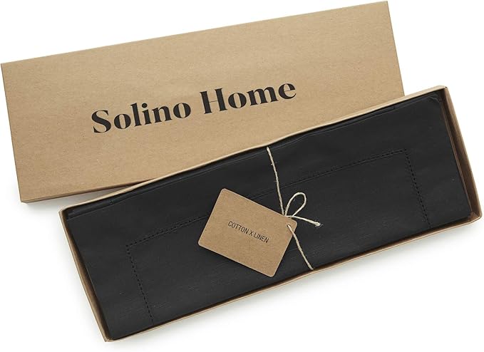 Solino Home Black Placemats Set of 6 - Cotton Linen Hemstitch Placemats 14 x 19 Inch for Winter, Spring, Easter