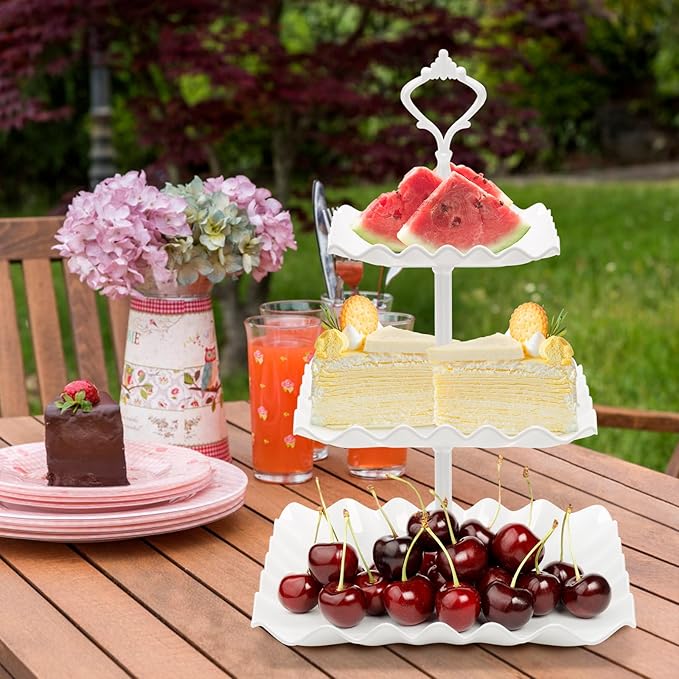 Coitak 3 Tier Cupcake Stand, Plastic Tiered Serving Stand, Wavy Dessert Tray for Tea Party, Birthday and Wedding (Pure White)