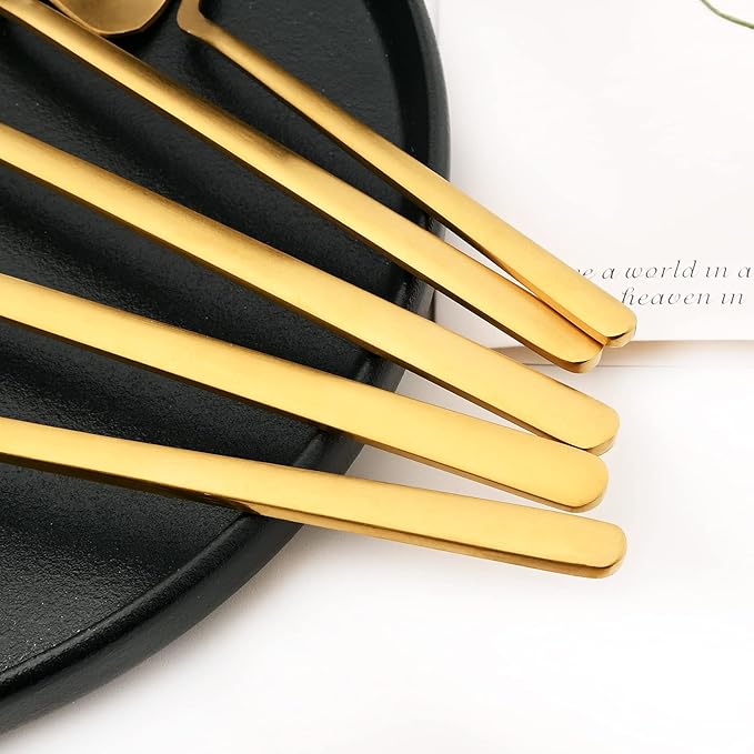 24-Pieces Hangable & Cute 18/10 Stainless Steel Flatware Set, Matte Cutlery Set Kitchen Dinnerware Include Knife/Fork/Spoon/Teaspoon Service for 6, Gold
