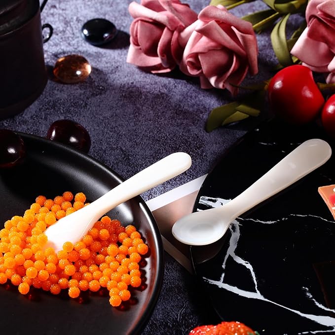 Patelai 2 Pieces Set of Caviar Spoons Mother of Pearl Spoons with Handcraft Round Handle for Caviar, Egg, Ice Cream, Coffee, Kitchen, Restaurant Serving for Valentine Favors (10cm/3.93 Inch)