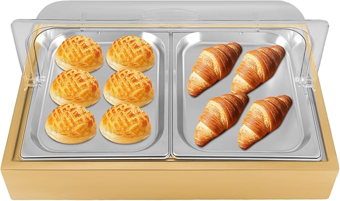 Dual Compartment Ice Food Serving Display Tray, 3.17Qt Stainless Steel Buffet Cold Platter with Clear Lid & Reusable Ice Box, for Party Wedding Restaurant - Gold (Gold-2)