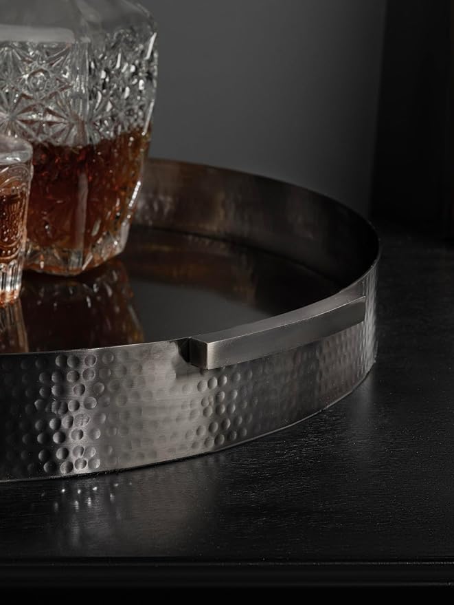 Kate and Laurel Samana Modern Glam Round Metal Tray, 17 Inch Diameter, Gray Gunmetal, Polished Decorative Circle with Hammered Surface for Use as Ottoman or Serving