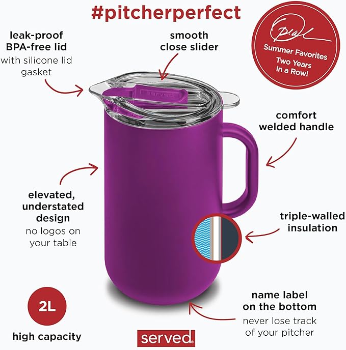 Served Premium Insulated Pitcher (2L/66oz) - Double Walled, Copper Lined Stainless Steel Pitcher with Lid - Vacuum Insulated Carafe for Hot Coffee, Tea, Iced Drinks, Water, Cocktails, and More