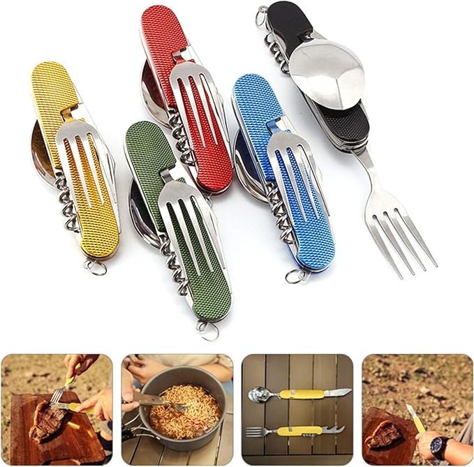 6-in-1 Multi-Function Camping Utensil Flatware Set Detachable Spoon Fork Knife Combo Mess Kit with Carrying Pouch (Blue + Red)