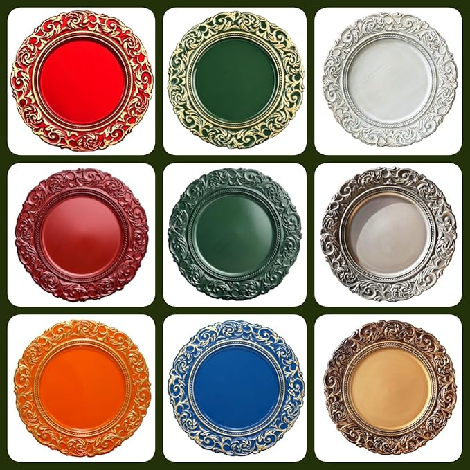 Antique Charger Plates with Gold Rim, 13 Inch Royal Blue Dinner Plate Chargers Round Server Ware, Set of 6 Plastic Embossed Charger for Dinner, Wedding, Elegant Tableware Decor