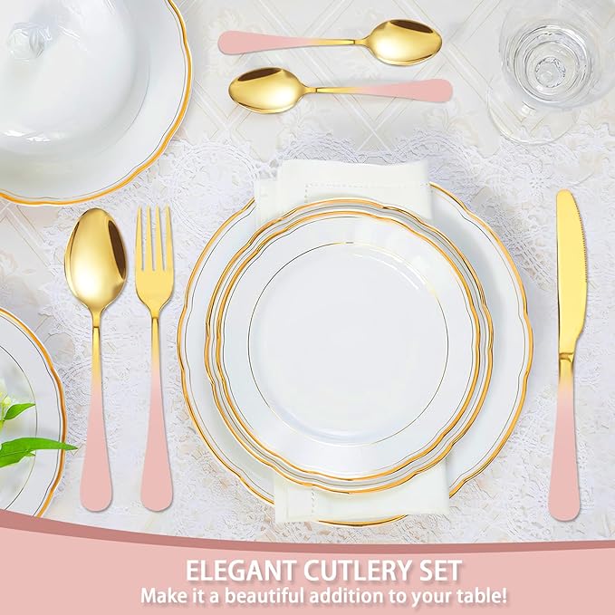 24 Pieces Flatware Set, Stainless Steel Cutlery Set with Silverware Holder, Modern Gold Silverware Set Includes Dinner Knives Forks Spoons,Hanging Silverware Set Service for 6 (Pink)