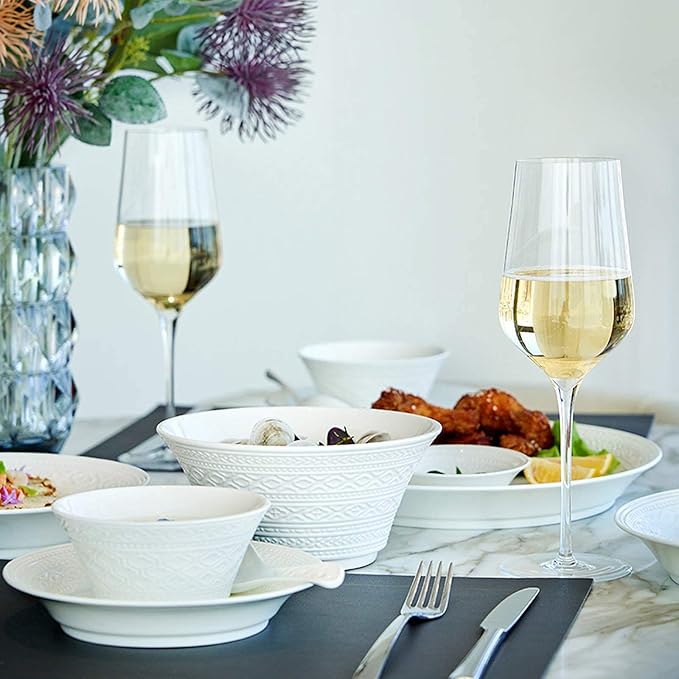 High-End Dinner Set,Ceramics Dinner Set,Pure White Relief Light Luxury 32 Pieces Bone China Dinnerware Sets | European Style Porcelain Steak Plates and Cereals Bowls for,