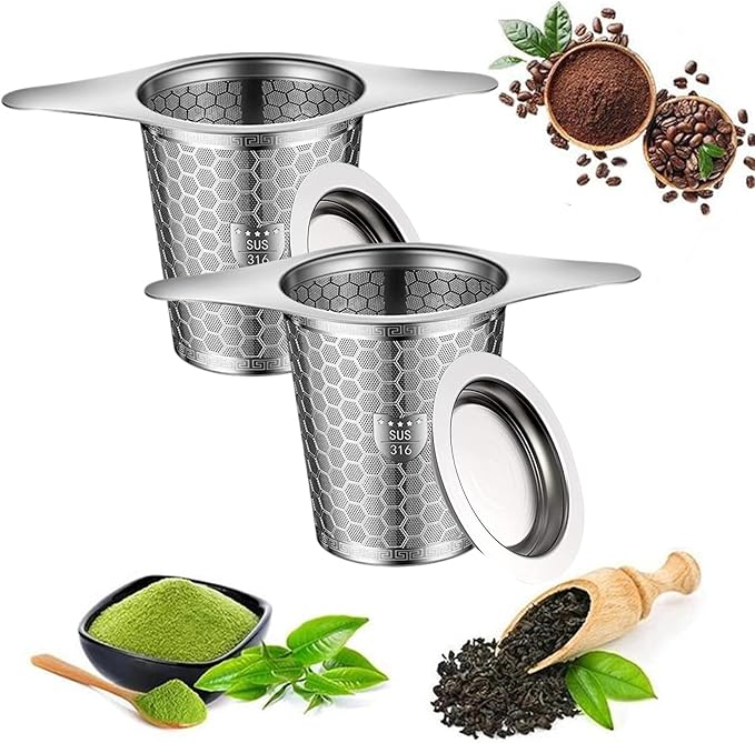 2 Pack Stainless Steel Tea Infuser, SUS 316 Grade Strainers Fine Mesh, Hexagonal Mesh Pattern With Wide Rim Loose Leaf Tea Steeper