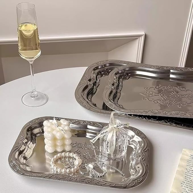 Stainless Steel Dessert Plate Vintage Embossed Cake Tray Jewelry Storage Organizer Snack Plate Serving Plate Tableware