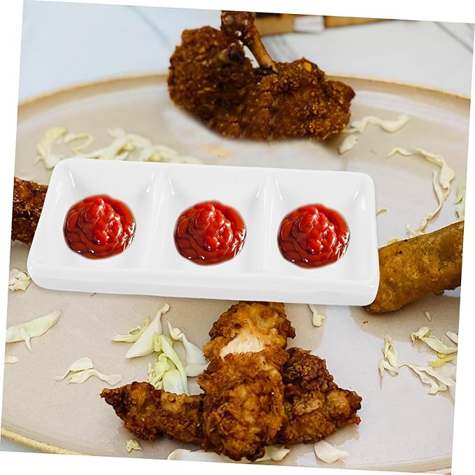 Veemoon Rectangular Sauce Plate Divided Appetizer Serving Tray Ceramic Snack Dishes Spice and Soy Sauce Holder