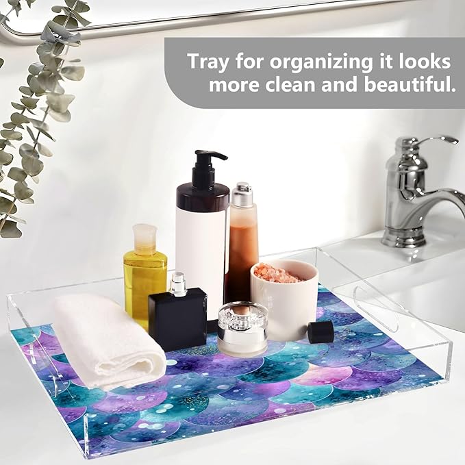 Serving Tray with Handles Clear Acrylic Tray 12x16 Inch Decorative Rectangular Tray Organizer for Ottoman Coffee Table Bathroom Watercolor Mermaid Scales Dots Purple