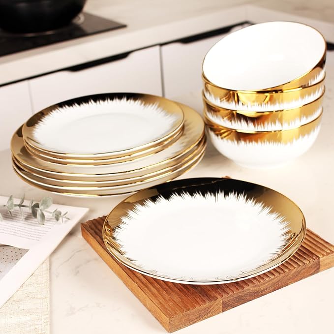 Dinnerware Sets(12Pcs) Serves for 4, Modern Dinnerware, Gilded Edge Plates and Bowls Set with 8.3"Small Plate 10.2"dinner Plate 6.1"Soup bowl, apply Indoor Outdoor (Gilded set)