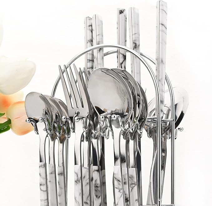 Silverware Set, 24 Piece Mirror Flatware Set With Stand, Stainless Steel Utensils With White Marble Texture Handle, A Complete Cutlery Set For Most Families, Service For 6