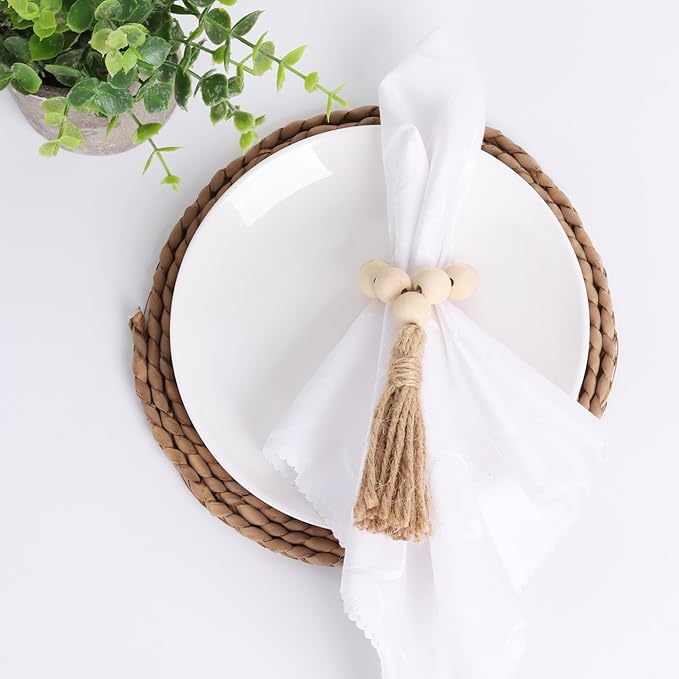 Meplait 6 Pieces Wooden Bead Napkin Rings, Farmhouse Stretchable Napkin Rings with Tassel for Dining Table,Wedding Decoration (Navy Blue)