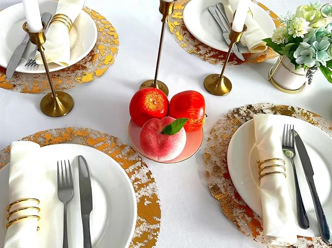 Disposable Gold Placemats Set of 100 Metallic Thin Round 13 Inch Gold Doilies Mesh Pressed Fall Table Placemates 100 Pack Charger Plates for Wedding, Birthday Party