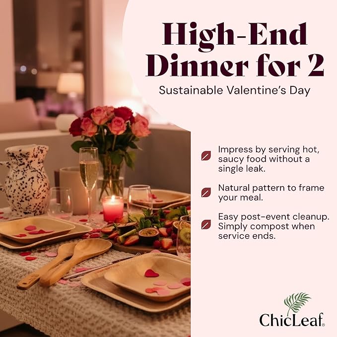 Chic Leaf Compostable & Biodegradable Palm Leaf Disposable Bamboo Plates - Disposable Party Plates for Appetizers, Romantic Valentine's Dinner, Romantic Meal, Party Supplies (4'' - 50 Pack)