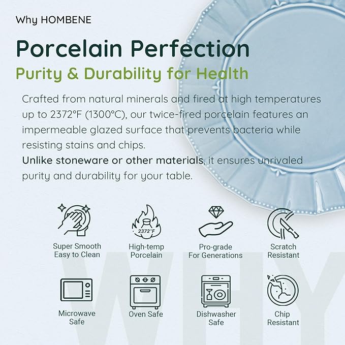 HOMBENE Dinnerware sets, 12 Piece plates and bowls sets for 4, Ceramic dish set, Porcelain dish set, Premium kitchen decor, Microwave and Dishwasher Safe, Celestial Blue