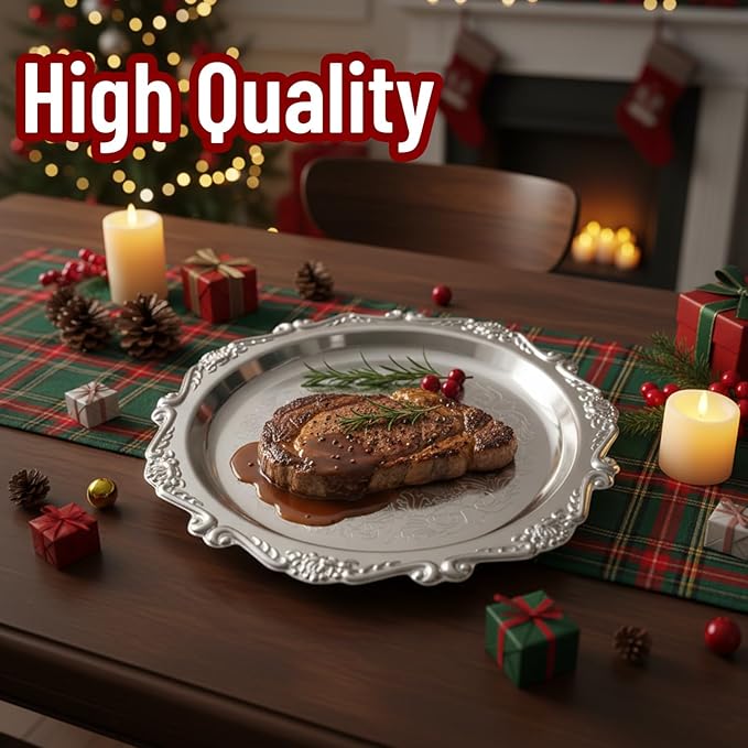 2 pcs Silver Platter, Silver Platter Tray, 8-Inch and 3-Inch Decorative Set, Alloy Metal Serving Dish for Food Display and Home Decor
