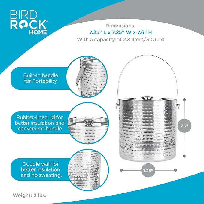 BIRDROCK HOME Ice Bucket with Scoop & Lid - 2.8 Liter Hammered 18/8 Stainless Steel Double Wall Insulated Container with Carrying Handle - Ideal for Parties, Cocktails, and Beverages - Silver