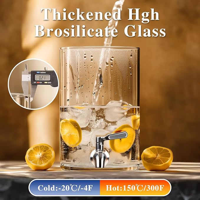 Beverage Dispenser 2.1 Gallon, Glass Drink Dispenser with Stand, Drink Dispensers for Parties, Beverage Dispenser with Wood Stand, Stainless Steel Spigot, for Parties,Bars,Restaurants (2.1 Gallons)
