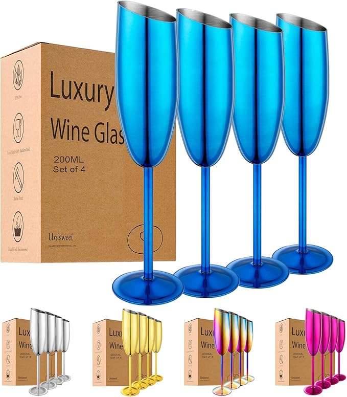 Champagne Flutes Set of 4, Premiumty Stainless Steel High Footed Champagne Glasses, 7oz Capacity,Unbreakable Slanted Champagne Glasses