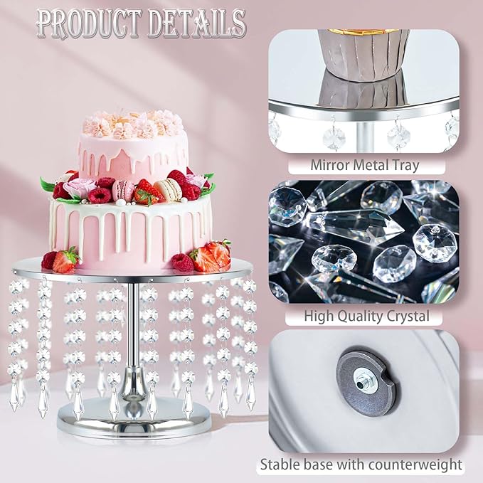 2 Pcs Silver Metal Mirror Cake Stand Set with Crystal Pendants - 11.8"W Elegant Dessert Table Display for Weddings, Birthday Parties, Baby Showers, Events - Sturdy Crystal Bling Cupcake Stands for Pastries, Sweets, Decorations