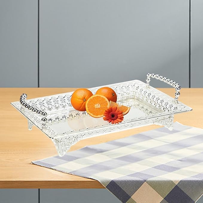Serving Tray with Handle Dessert Cake Stand Vanity Table Tray Fruit Basket Elegant Serving Platter for Dessert, Silver