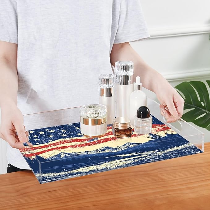 Serving Tray with Handles Clear Acrylic Tray 12x16 Inch Decorative Rectangular Tray Organizer for Ottoman Coffee Table Bathroom July 4th Flags Mountains Blue