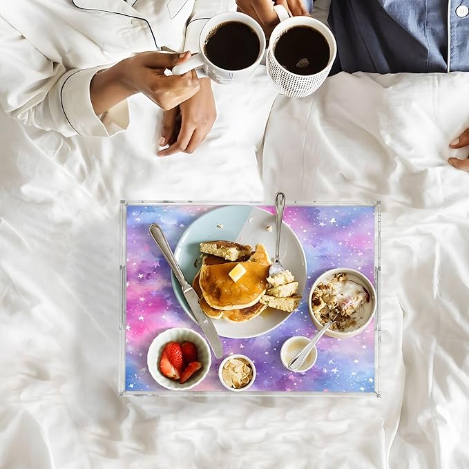 Serving Tray with Handles Clear Acrylic Tray 12x16 Inch Decorative Rectangular Tray Organizer for Ottoman Coffee Table Bathroom Tie Dye Dots and Stars