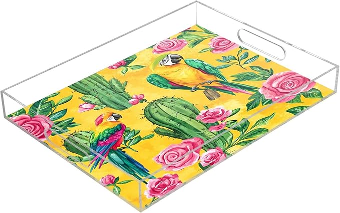 Serving Tray with Handles Clear Acrylic Tray 12x16 Inch Decorative Rectangular Tray Organizer for Ottoman Coffee Table Bathroom Yellow Cute Cacti Parrots and Roses