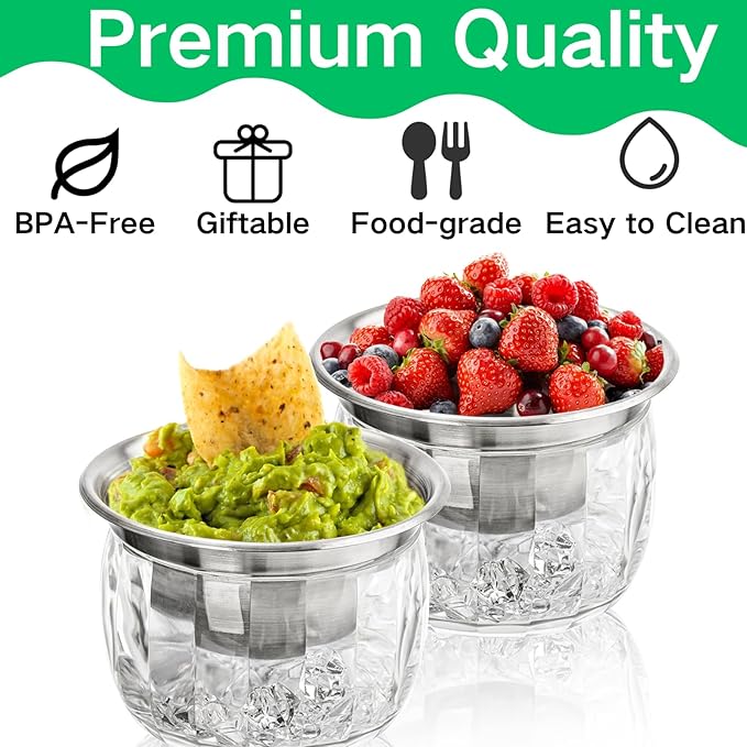 ZENFUN 2 Pack 20 Oz Chilled Dip Bowl with Acrylic Ice Bowl Base, Stainless Steel Ice Chilled Serving Dish Iced Salad Bowl Set for Chilled Pasta, Potato, Dressing, Fruit