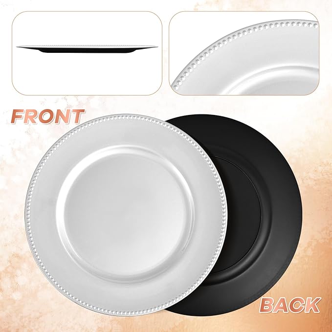 36 Pcs Silver Charger Plates Round Charger Plates13 Inch Bulk Wedding Dinner Elegant Reusable Plastic Chargers Plates Wedding Holiday Party Baby Shower Event Decoration (Silver)