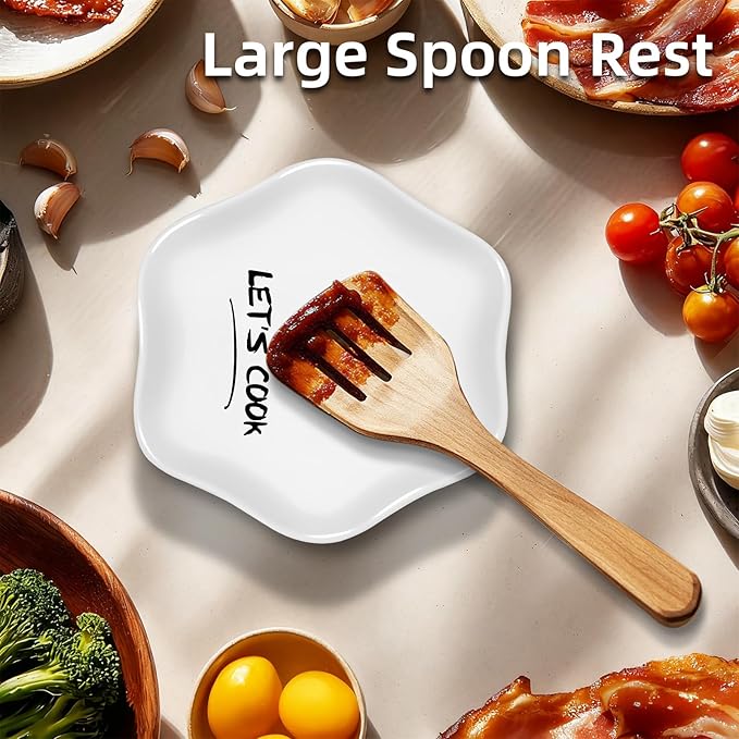 Funny Let's Cook Ceramic Spoon Rest for Kitchen Counter Stove Top, 5.8 Inch Heat-Resistant Utensil Holder for Cooking, Spoons, Ladles, Tongs, Cute Kitchen Decor, Housewarming Gift for Women Men